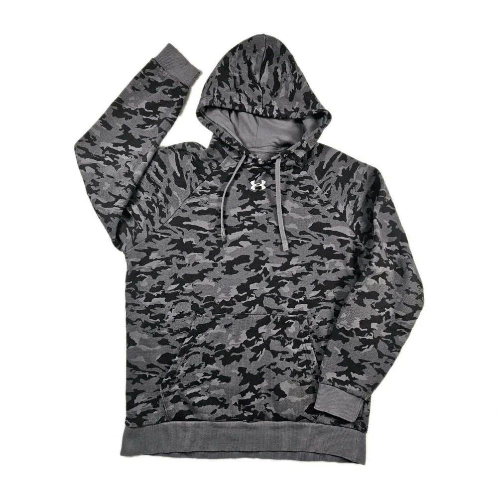 Under Armour Mens Hoodie Rival Fleece Camo AOP HD Grey Black Long Sleeve Medium